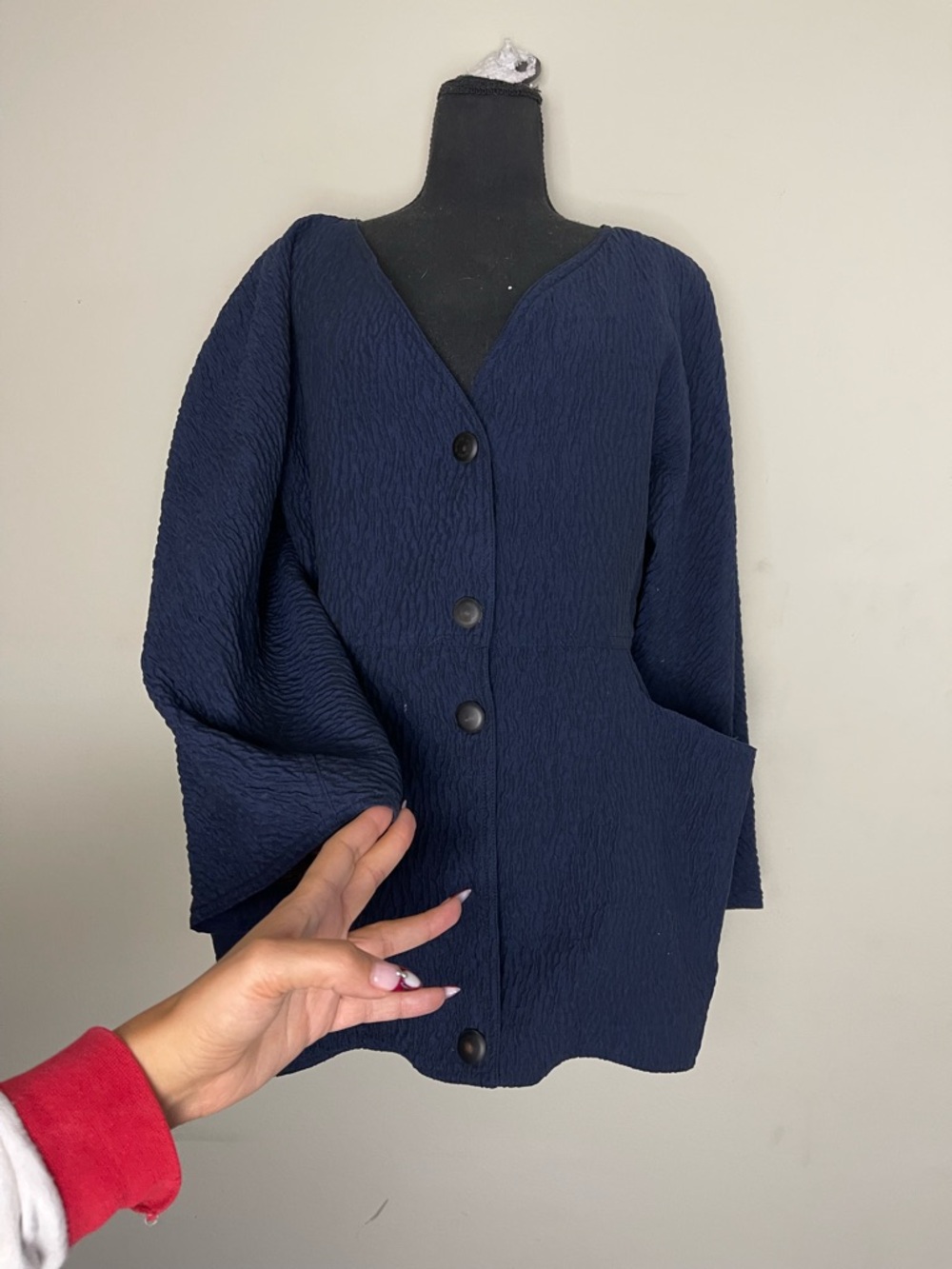 Anne Marie Navy Textured Button-Front Jacket - Picture 3 of 8
